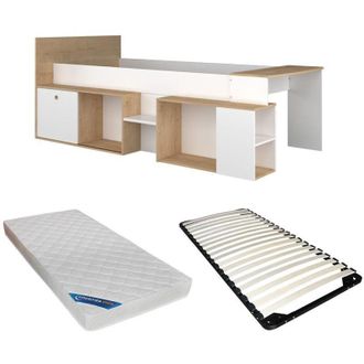 Vente-Unique Letto combinato 90 x 200 cm con scrivania e vani portaoggetti Bianco e Naturale + Rete + Materasso - paloma