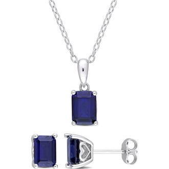 Delmar Emerald-Cut Lab-Grown Sapphire Stud Earrings & Pendant Necklace Set in Blue at Nordstrom Rack