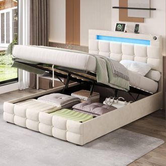 Merax 4ft6 Double Velvet Upholstered Ottoman Bed with LED & Charging Station in Beige