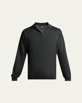 Giorgio Armani Mens Silk and Cotton Knit Johnny Collar Polo Sweater