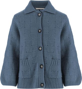 Allude Light Blue Checkered Knit Button-Down Sweater