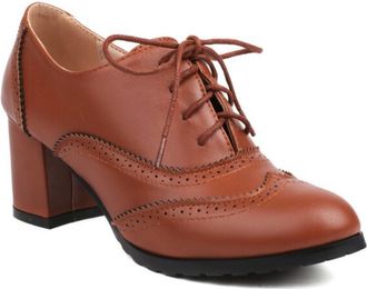 Generic Womens PU Leather Lace Up Brogue Pumps Round Toe Chunky Block Heel Perforated Detail Cushioned Insole Stable Support Non Slip Sole,Brown,7.5 UK