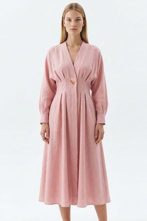 Exquise Garlyn Slim V Neck Long Sleeve Linen Midi Dress in Pink at Nordstrom, Size X-Large