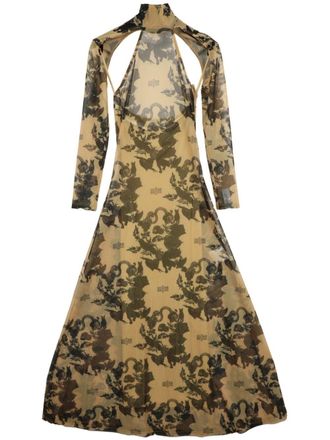 Rokh floral-print cut-out dress - women - Spandex/Elastane/Nylon - L - Neutrals