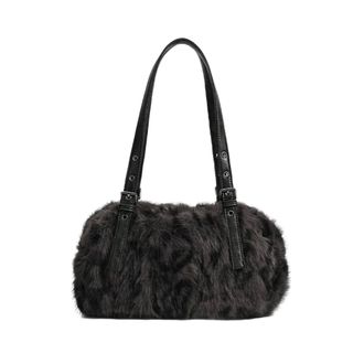 Generic Leopard Print Tote Bag for Women Plush Pillow Handbag Casual Shoulder Hobo Bag Furry Purse, Black and Grey