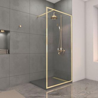 Aurlane Aurlane - Mampara De Ducha 100x200cm Acabado Oro Cepillado + Plato De Ducha Gris Efecto Piedra 100x80x4cm