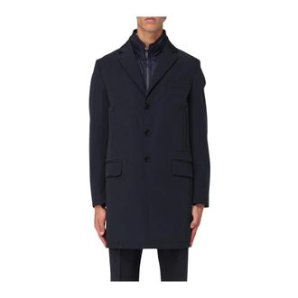 Fay Single-Breasted Coats, male, Blue, Size: 3XL Classic Black Overcoat