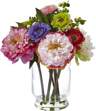 Nearly Natural Peony and Mum in Glass Vase