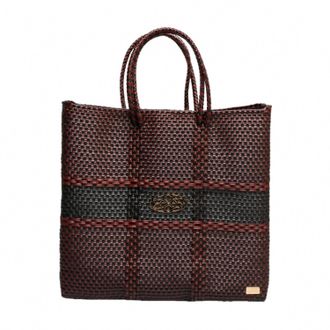 Lola's Bag Womens Medium Woven Stripe Shoulder Strap Tote Bag In Burgundy/black