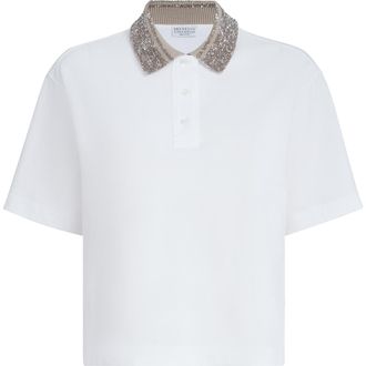 Brunello Cucinelli Polo with dazzling knit collar in White at Nordstrom, Size Xx-Small Eu