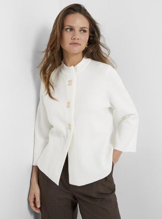 Contemporaine Womens Geometric buttons 3/4-sleeve Cardigan Sweater