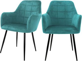 ML Design Ecd Germany Set 2x Sillas De Comedor Color Azul Turquesa Asiento Moderno Tapizado De Terciopelo Con Patas De Metal Negras, Respaldo Y Reposabrazos Erg