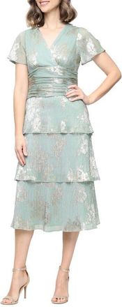 S.L. Fashions Foil Pliss&eacute; Midi Dress in Sage /Gold at Nordstrom, Size 10