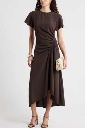 Nordstrom Split Sleeve Side Smocked Midi Dress in Brown Coffee at Nordstrom, Size Xx-Small