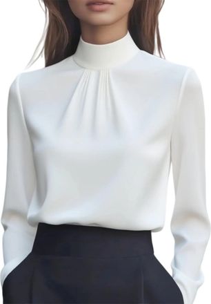 Generic Satin Blouse for Women Pleated High Neck Long Sleeve Elegant Shirts Ladies Dressy Casual Business Work Tops(White, S)