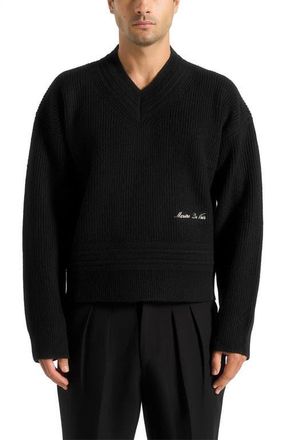 Mani&egrave;re De Voir Remi V-Neck Signature Knit Jumper in Black at Nordstrom, Size X-Small