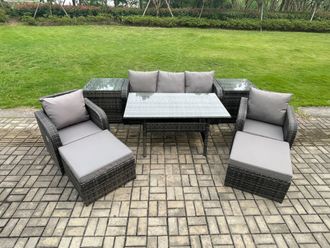 Fimous Rattan Outdoor Garden Furniture Set Rectangular Dining Table & Chair Sofa Set With 2 Side Tables 2 Big Footstool in Dark Grey