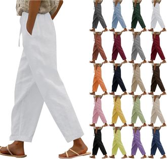Generic Linen Trousers for Women UK Drawstring Elastic Waist Ladies Cropped Trousers with Pockets Loose Lightweight Lounge Pants Plus Size Casual Holiday Summ