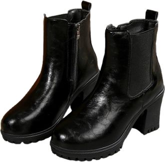 Generic Womens Chunky Heel Round Toe Mid Calf Boots Side Zipper Fashion Booties for Fall and Winter Comfort Everyday Casual Ladies Boots(Black, 6.5)