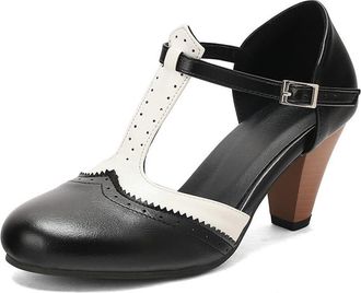 Generic Womens T-Strap Perforated Colorblock Oxfords Dress Pumps Round Toe Chunky Heel Mary Jane Shoes with Adjustable Strap (Black,5.5)