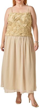 endless rose Mixed Media Appliqu&eacute; Maxi Dress in Beige at Nordstrom, Size 3X