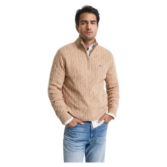 GANT Lambswool Cable Knit Half-Zip Jumper - male - Gant - Turtlenecks - Beige - 2XL - Knitwear