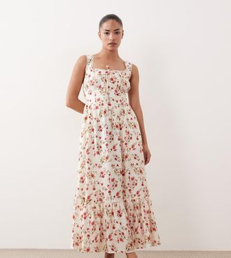 New Look Petite Vestito midi color crema con spalline sottili e corsetto a fiorellini-Bianco