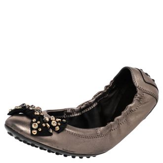Tod's Tods Grey Leather Crystal Embellished Bow Ballet Flats