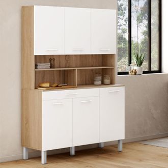 IDMarket Idmarket - Cina 120 Cm Aparador De Cocina Con 6 Puertas + Caj&oacute;n, Acabado Haya Y Blanco