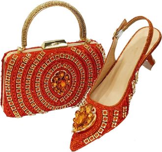 Generic Women Italian Butterfly Design Pointed Toe Shoes and Bag Set Elegant Party Office Work Suit Orange