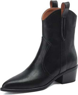 Generic Womens Pointed Toe PU Leather Ankle Boots Pull Tab Low Block Heels Slip On Western Stitching Soft Lining Cushioned Insole Durable Outsole,Black,4.5 UK