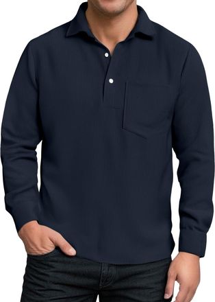 Generic Mens Corduroy Polo Shirt Long Sleeve Collared Shirt with Chest Pocket and Button Placket Comfortable Regular Fit for Work Office and Autumn Fall Wear(