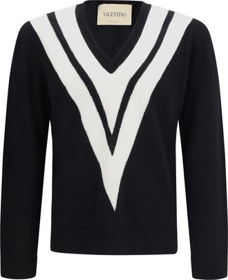 Valentino Mens Sweater With Intarsia V, Virgin Wool, Black-Cream Fleece Wool (ovis Aries) Black/cream