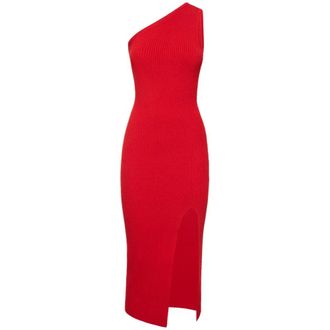 Michael Kors Geribbelde Stretch Viscose Cr&ecirc;pe Asymmetrische Jurk met Split - Dames - Kleedjes - Rood - M - Leer - Kleedjes