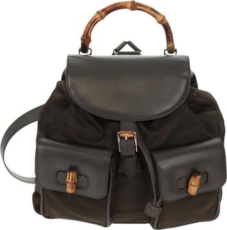 Gucci Vintage Bamboo Backpack Nylon And Patent Leather Brown Nylon Backpack Bag (Pre-Owned)
