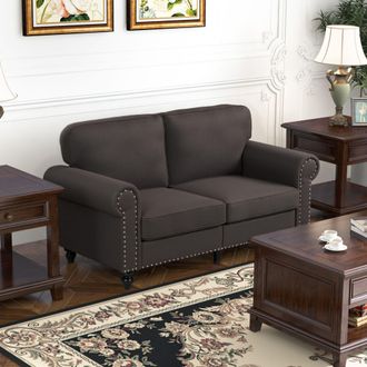 HOMCOM 2 Seater Sofa Couch Fabric Love Seat Sofa with Nailhead Trim in Brown