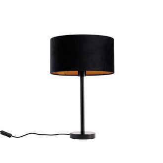QAZQA Moderno L&aacute;mpara De Mesa Negra Con Pantalla De Terciopelo Ovalada Negra 35 Cm - Simplo Acero /terciopelo /textil Redonda Adecuado Para Led Max. 1 X 40 