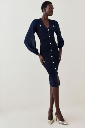 Karen Millen Womens Petite Forever Viscose Blend Rib Knit Chiffon Sleeve Midi Dress - Navy - Size X-Small