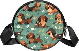 Generic Circle Crossbody Bag for Women, Cartoon Sausage Dog Small Sling Bag Daypack with Zipper Adjustable Shoulder Straps Casual Ladies Girls Round Purse