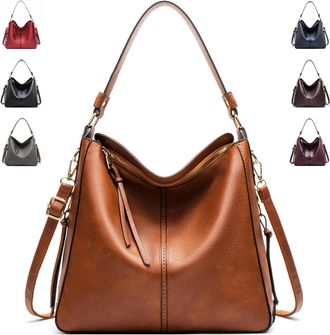 Generic Vintage PU Vegan Leather Handbags and Purse Sets for Women Fashion Tote Hobo Bags Shoulder Satchel Handbag Zip Wallet, A-brown