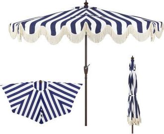 Jonathan Y Designs Beverly 9 ft. Designer Classic Scalloped Fringe Half Market Patio Umbrella with Crank, Push Button Tilt and UV Protection in Navy/white at