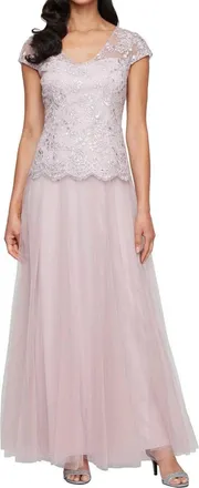 Alex Evenings Embroidered V-Neck Gown With Tulle Skirt In Blush