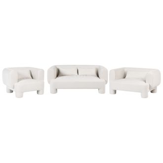Beliani Conjunto De Sala De Estar Sof&aacute; Sill&oacute;n Tapizado De Tela Con Textura Aterciopelada Patas Cil&iacute;ndricas Estilo Org&aacute;nico Blanco Hogbo