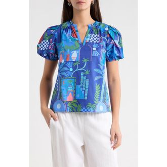 Sugarlips Punta Alta Berisa Split Neck Puff Sleeve Cotton Top in Cobalt-Combo at Nordstrom, Size X-Large