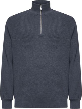 Brunello Cucinelli Grijze Sweater met Ritssluiting - Heren - Coltruien - Grijs - M - Truien & Vesten