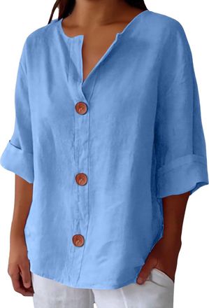 Generic Plus Size 3/4 Sleeve Linen Tops For Women, Womens Tops Trendy, Solid Color Button Shirts, Casual Business Work Shirt Basic Versatile Shirt Summer Cott