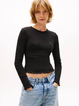 Tommy Jeans Langarmshirt TOMMY JEANS TJW SLIM SH LETTUCE EDGE RIB LS, Damen, Gr. XL (42), schwarz, Single Jersey, Obermaterial: 95% Baumwolle, 5% Elasthan, unifar