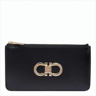 Ferragamo Rectangular Black Calf Leather Wallet With Gancini Logo