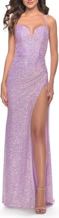 La Femme Sequin Prom Dress with Ruching and Open Tie Back in Light Periwinkle at Nordstrom, Size 12