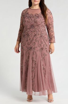 Pisarro Nights Beaded Long Sleeve Gown in Mauve 661 at Nordstrom, Size 16W